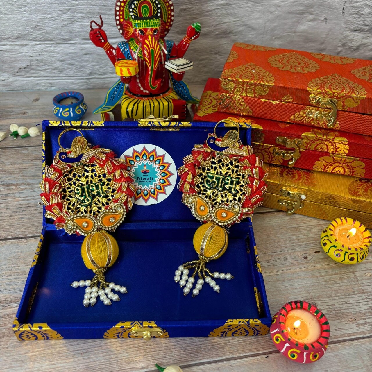 Personalized Diwali Gifts Hamper Shubh Labh Rajasthani Brocade Design Gift Box Indian Festival Diwali Hamper Basket for Employees Home Office Friends Family - Corporate Return Gift Items